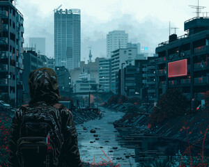 Illustrate a postapocalyptic world seen from behind, utilizing a mix of pixel art graphics to convey a sense of eerie beauty and unease realistic in the style of minimalism - obrazy, fototapety, plakaty