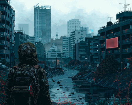 Illustrate a postapocalyptic world seen from behind, utilizing a mix of pixel art graphics to convey a sense of eerie beauty and unease realistic in the style of minimalism