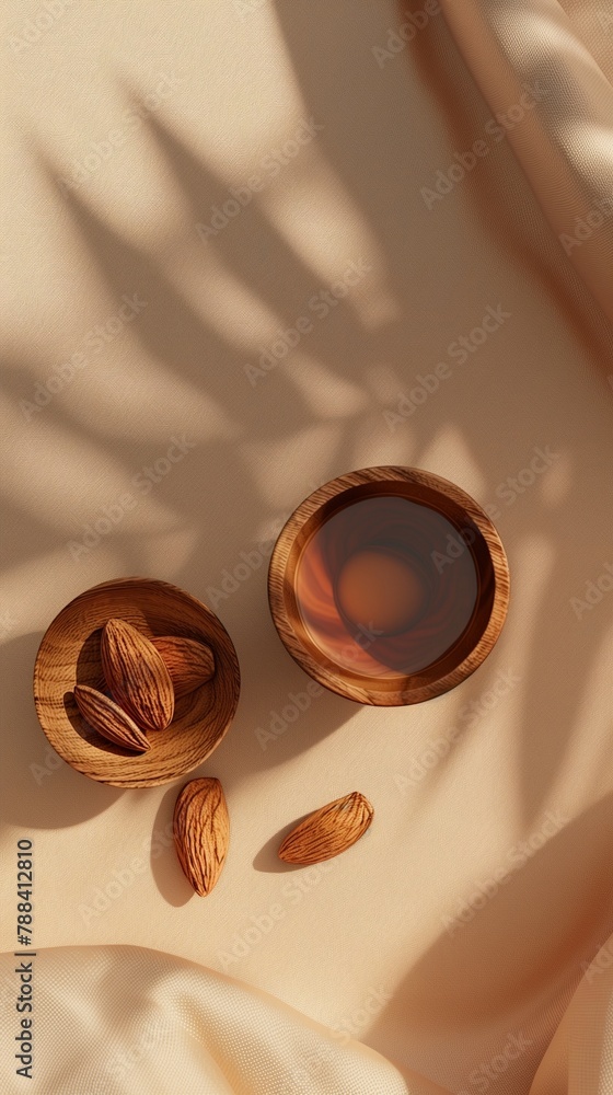 Poster almond oil on wooden bowl natural organic ingredient story background