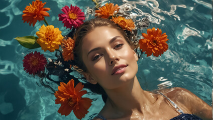 girl in water with flowers relax