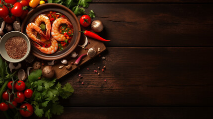 Tom yum soup with ingredients on wood background for context