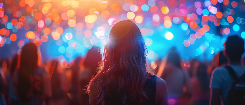 A woman stands in front of a crowd of people at a concert by AI generated image