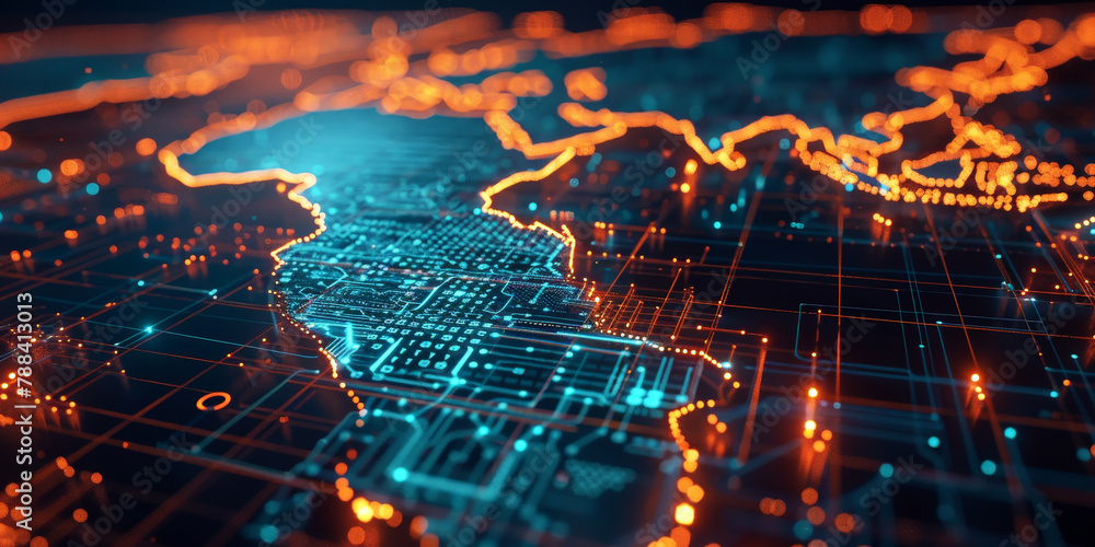 Poster a digital map of the world made up of glowing data points and circuitry, global network connectivity