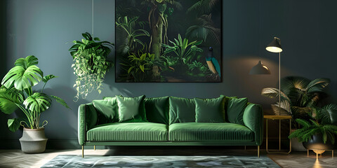 Luxury living room house modern interior design mockup of a picture frame in dark green room Interior with a green velvet sofa  realistic background with a potted plant on a small table