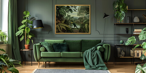 Luxury living room house modern interior design mockup of a picture frame in dark green room Interior with a green velvet sofa  realistic background with a potted plant on a small table - obrazy, fototapety, plakaty