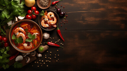 Tom yum soup with ingredients on wood background for context