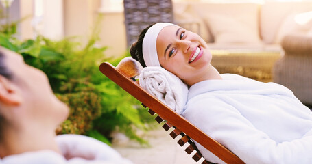 Happy woman, friends and relax with treatment at spa for holiday, getaway or outdoor vacation....