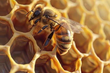 A close-up of a bee on a hexagon within a honeycomb - obrazy, fototapety, plakaty