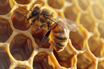 Fotobehang A close-up of a bee on a hexagon within a honeycomb © AI Farm