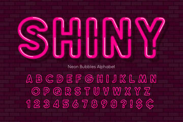 Bright light neon alphabet, retro-futuristic style original type.