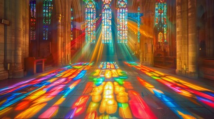 Sunlight streaming through the stained glass window of the church, casting bright shades of color - obrazy, fototapety, plakaty