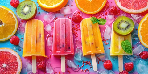  Colorful fruit popsicles with slices of orange, kiwi, strawberry, lemon, and watermelon on a blue background © SHOTPRIME STUDIO