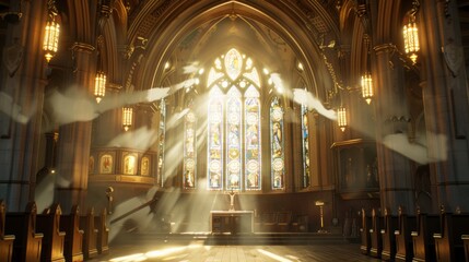 Sunlight streaming through the intricate pattern of a church window - obrazy, fototapety, plakaty