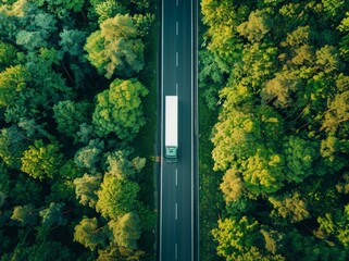 Aerial top view of car and truck driving on highway road in green forest. Sustainable transport. Drone view of hydrogen energy truck and electric vehicle driving on asphalt road through green forest.