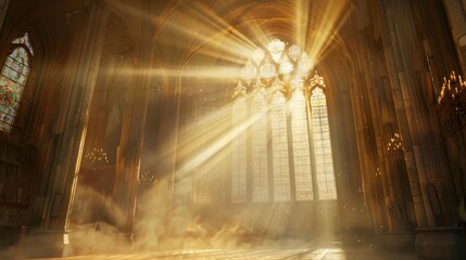 Sunlight streaming through the intricate pattern of a church window