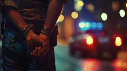 Arrested man with his arms crossed behind his back and a blurry police car in the background - obrazy, fototapety, plakaty