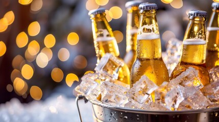 Bucket of ice-cold beer bottles, the condensation of which glistens in the ambient light