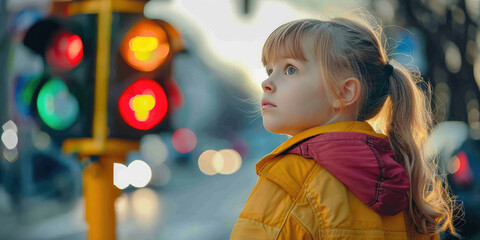 School-age girl on road looks at a traffic light. Creative concert of safety on road, safe traffic...