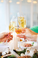 Group of friends toasting with champagne while having Christmas dinner