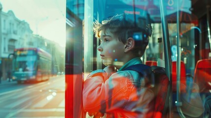 A boy looks out the window of a bus longingly