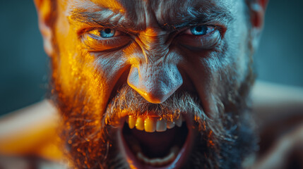 Close-up portrait of a angry man with a beard and mustache. - obrazy, fototapety, plakaty