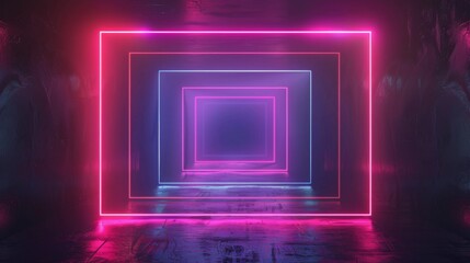 Animated parallelogram graphics where neon shades mix with a dramatic black background