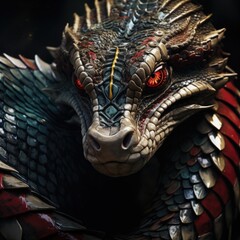 Snake dragon with red eyes a cruel gaze and exotic sharp scales. 3D fantasy illustration