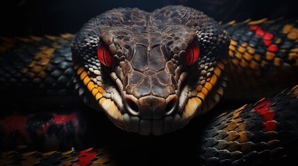 Close-up detailed portrait of a viper snake with piercing red eyes. wallpaper, 3D reptile illustration