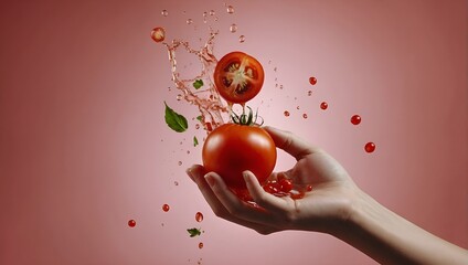 Fresh useful veggies. Female hand squeeze tomato and drops of tomato juice flying up over...