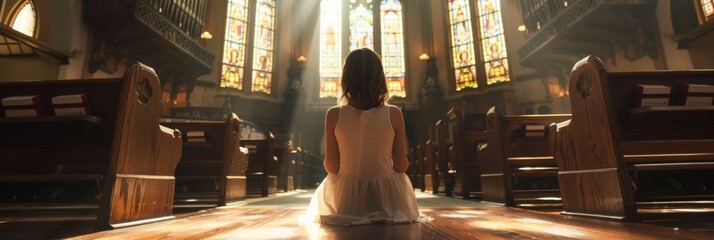 American girl prays on her knees in church - obrazy, fototapety, plakaty