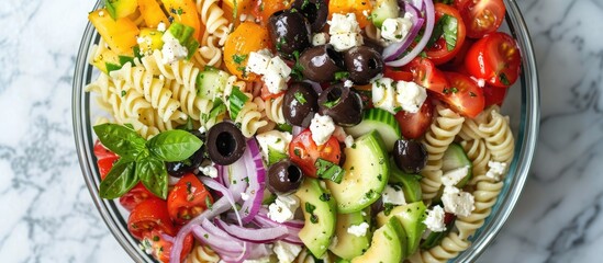 Overhead view of a Mediterranean-style pasta salad featuring tomatoes, avocado, black olives, red onions, and feta cheese.