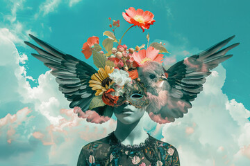 Surreal Portrait of Winged Woman with Floral Mask Against Sky