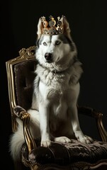 Siberian husky dog wearing a golden crown sits confidently on a plush armchair