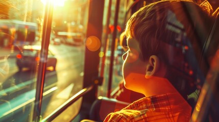 A boy looking out the window of a bus with a warm glow of the sun
