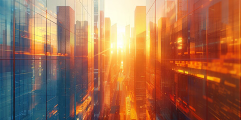 A futuristic cityscape with skyscrapers and buildings reflecting the sunlight, representing innovation in urban development and business. business  building at sunset