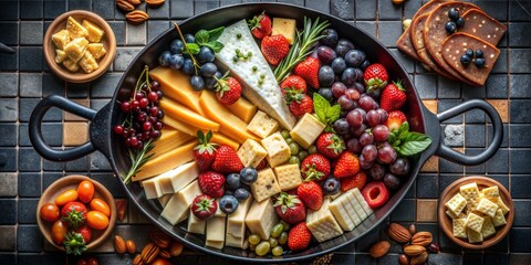 top view of a rustic black pan laden with an array of sweet and savory bites. Artisanal cheeses, and fruits 