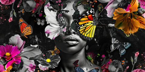 Monochrome Woman with Vivid Butterflies and Flowers