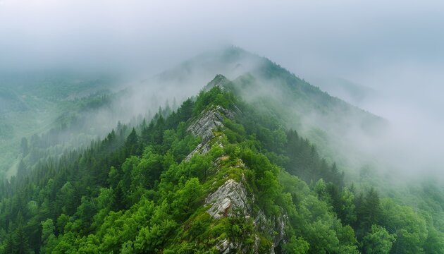A mountain covered in trees and fog by AI generated image