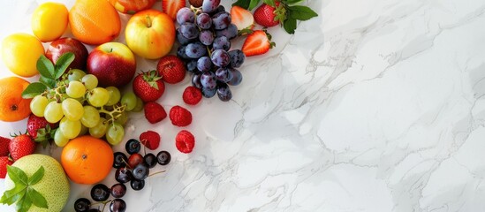 Assorted summer fruits displayed on a white marble surface, emphasizing a fresh and natural food concept. Empty space available for text.