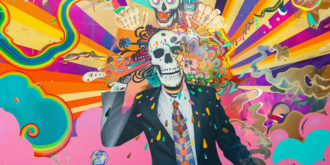 Vibrant Day of the Dead Celebration Artwork with Skull and Confetti - obrazy, fototapety, plakaty