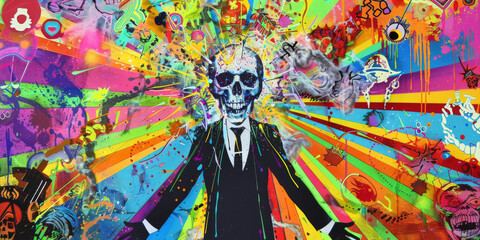 Surreal Skull in Psychedelic Explosion of Color and Patterns