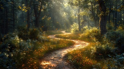 A winding forest trail disappears into the depths of the woods, inviting viewers to follow its meandering path. Sunlight filters through the dense canopy above, casting intricate patterns of light
