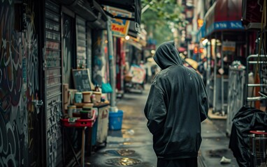Obraz premium Hooded Criminal Lurking in a Big City Street, Daytime - Urban Crime, Fear, Suspicion