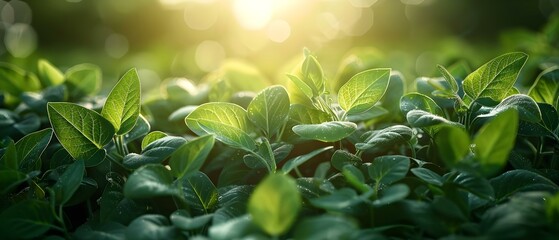 Soybean Serenity: Dawn's Light on Green Fields. Concept Agricultural Beauty, Sunrise Scenes, Natural Harmony, Farming Life