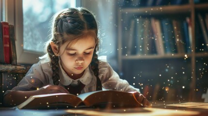A girl is reading a book in a library and is surrounded by a magical atmosphere