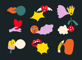 Set of groovy funky characters with speak bubble. Flower, lips, ice cream, pencil, cherry emotions in retro style. Cartoon vector illustration.