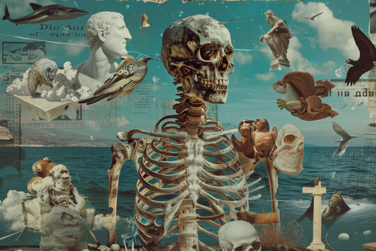 Surreal Collage of Ancient Sculptures and Human Skeleton with Seabirds