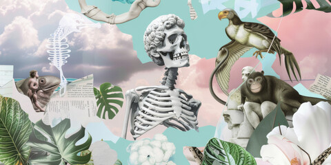 Surreal Collage of Skeletons, Animals, and Tropical Flora in Pastel Tones
