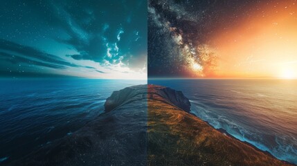 A breathtaking landscape divided into two halves,  with one side illuminated by the soft light of dawn and the other side illuminated by the twinkling lights of night - obrazy, fototapety, plakaty