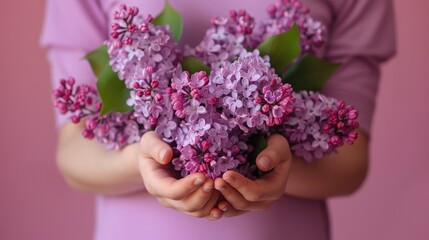 Female hands holding flowers of lush lilac. Spring bouquet, flowering, thaw. A gentle greeting card.